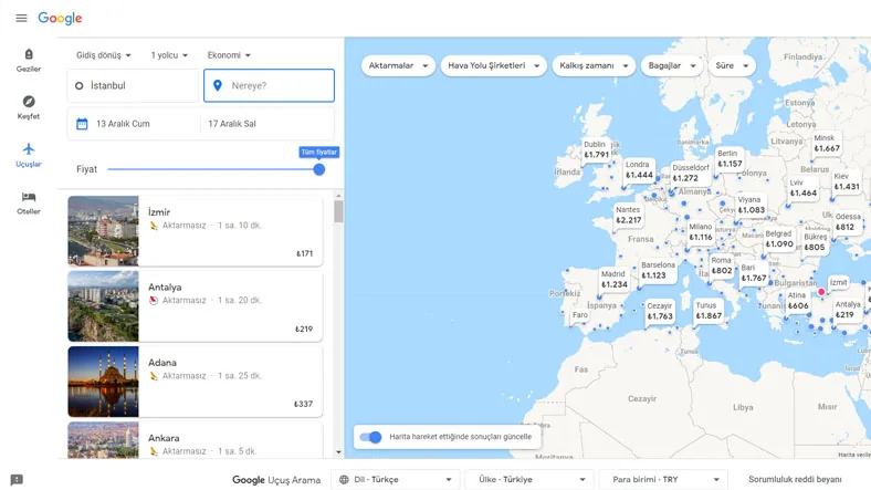 Google Flights axtarış sistemi