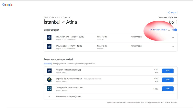 Google Flights axtarış sistemi